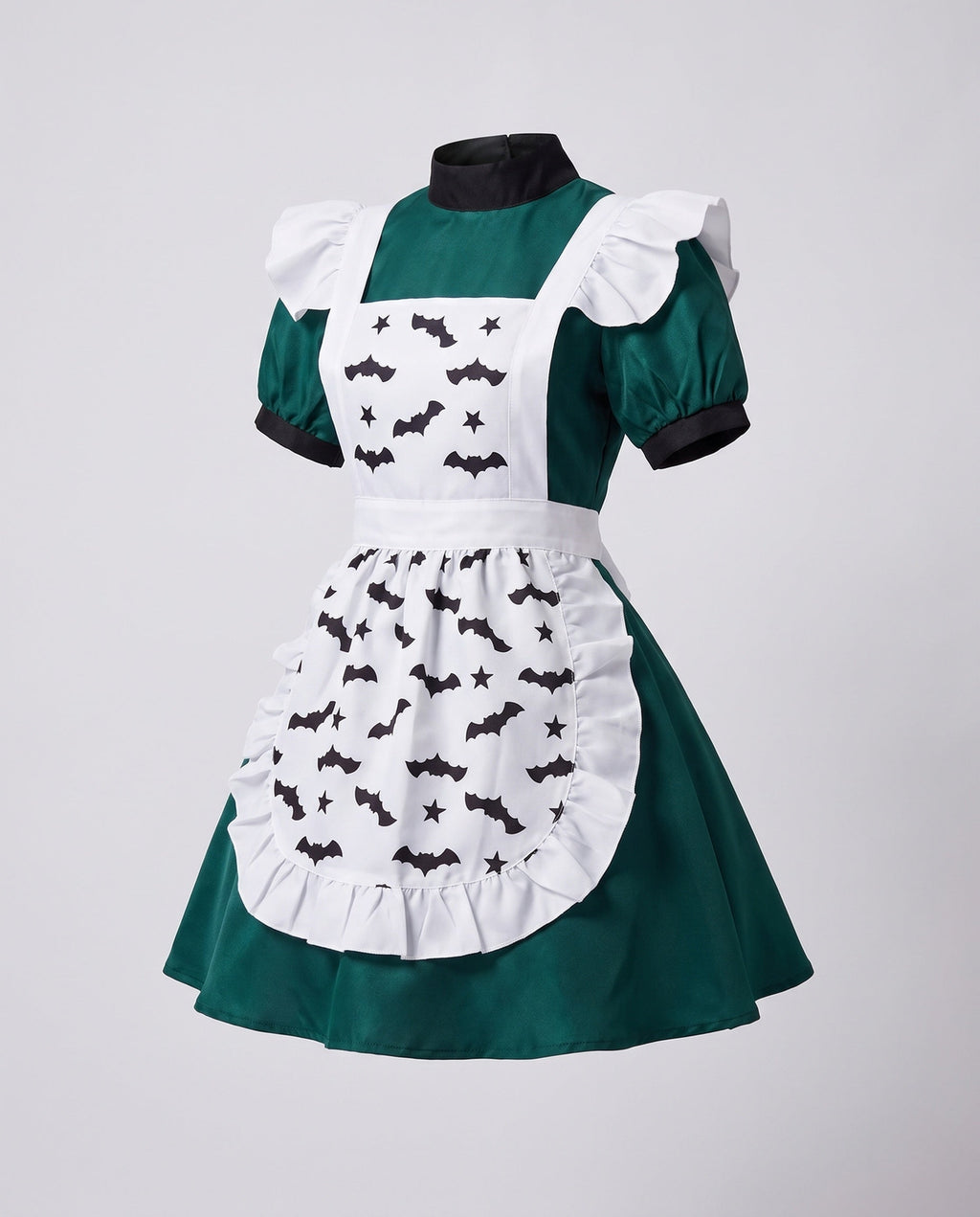 Woman wearing green Halloween costume dress with white bat-print ruffled apron - view 4