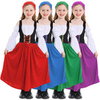 Girls medieval costume with black lace-up bodice, white off-shoulder bell-sleeve blouse, full skirt and headscarf