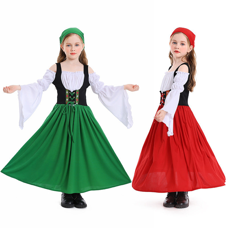 Girls medieval costume with black lace-up bodice, white off-shoulder bell-sleeve blouse, full skirt and headscarf - view 2