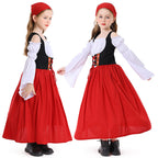 Girls medieval costume with black lace-up bodice, white off-shoulder bell-sleeve blouse, full skirt and headscarf - view 3