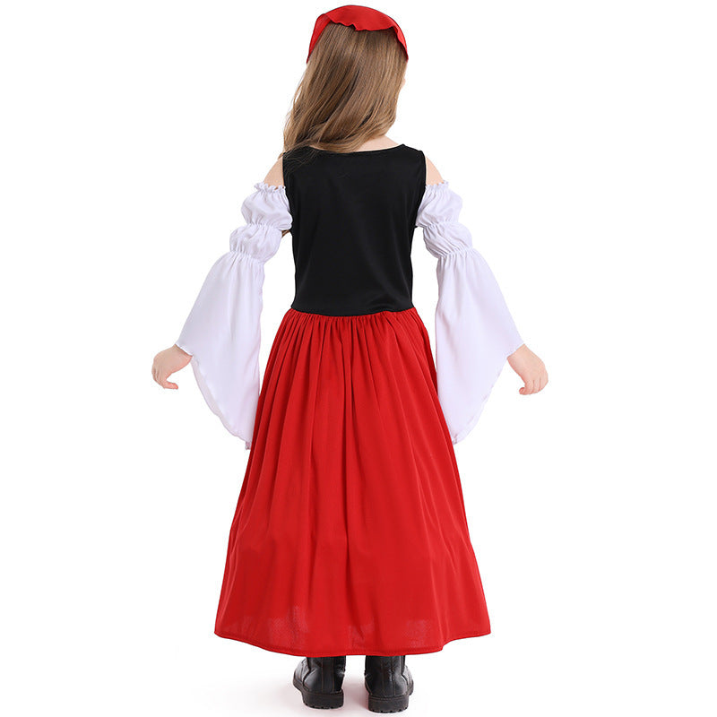 Girls medieval costume with black lace-up bodice, white off-shoulder bell-sleeve blouse, full skirt and headscarf - view 4