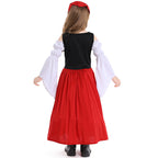 Girls medieval costume with black lace-up bodice, white off-shoulder bell-sleeve blouse, full skirt and headscarf - view 4