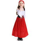 Girls medieval costume with black lace-up bodice, white off-shoulder bell-sleeve blouse, full skirt and headscarf - view 5