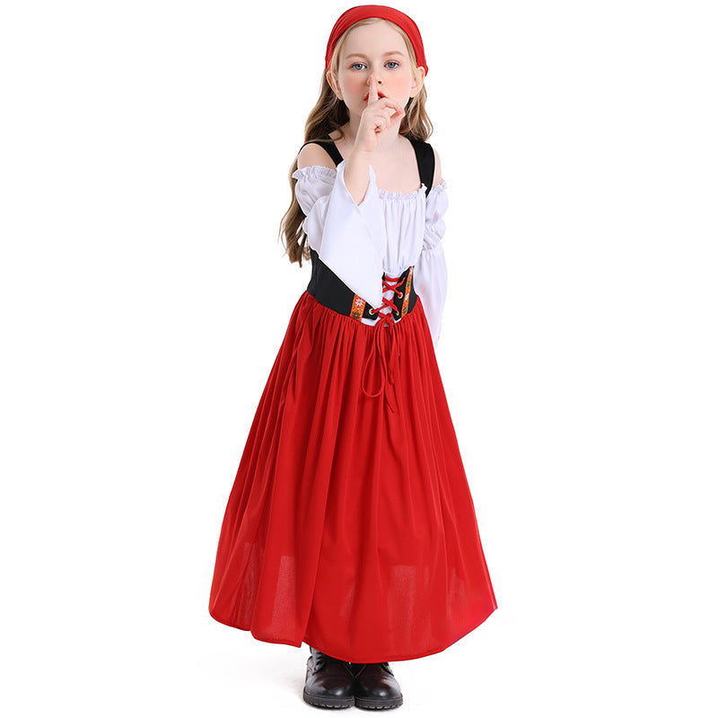 Girls medieval costume with black lace-up bodice, white off-shoulder bell-sleeve blouse, full skirt and headscarf - view 5