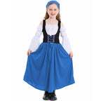 Girls medieval costume with black lace-up bodice, white off-shoulder bell-sleeve blouse, full skirt and headscarf - view 9