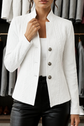 White stand collar women's knit blazer with cable texture worn with jeans - view 10