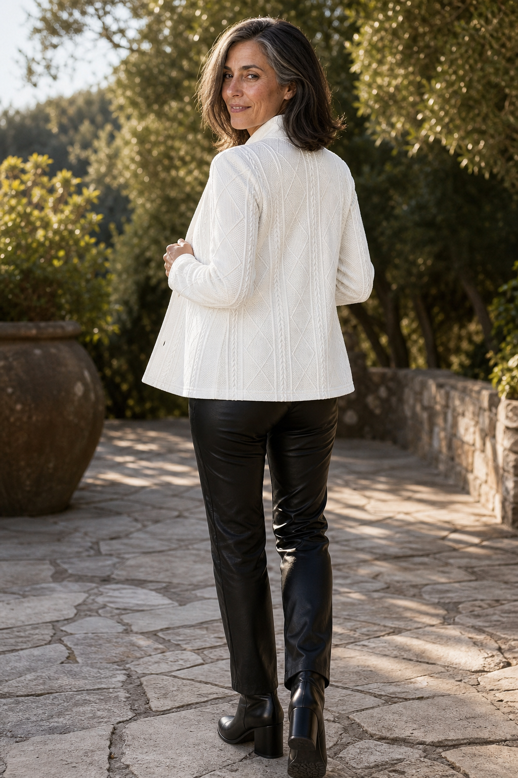 White stand collar women's knit blazer with cable texture worn with jeans - view 4