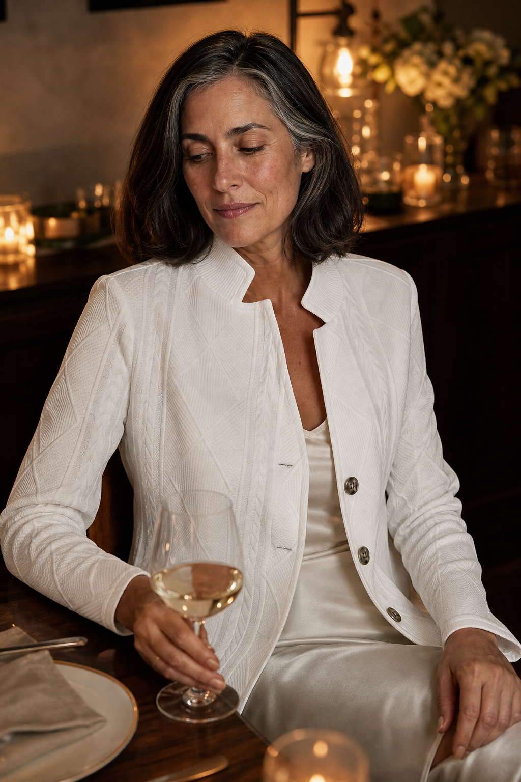 White stand collar women's knit blazer with cable texture worn with jeans - view 5