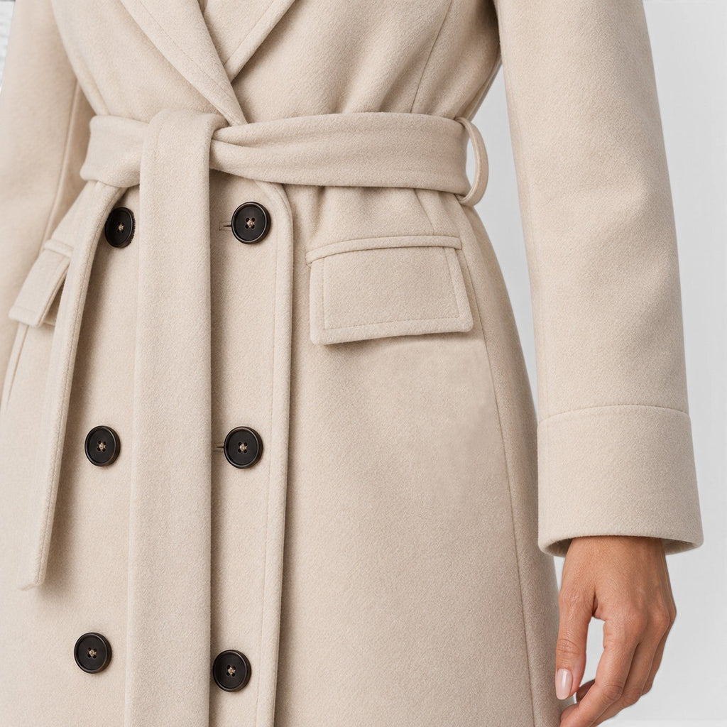 Woman wearing a long double breasted belted coat with wide lapels and knee-high boots - view 17