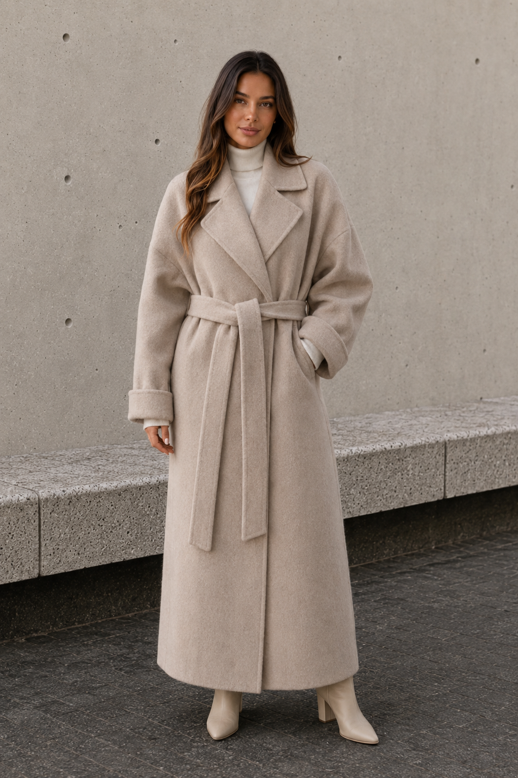 Henley belted long coat for women with notch lapels, tie waist and long relaxed fit - view 2