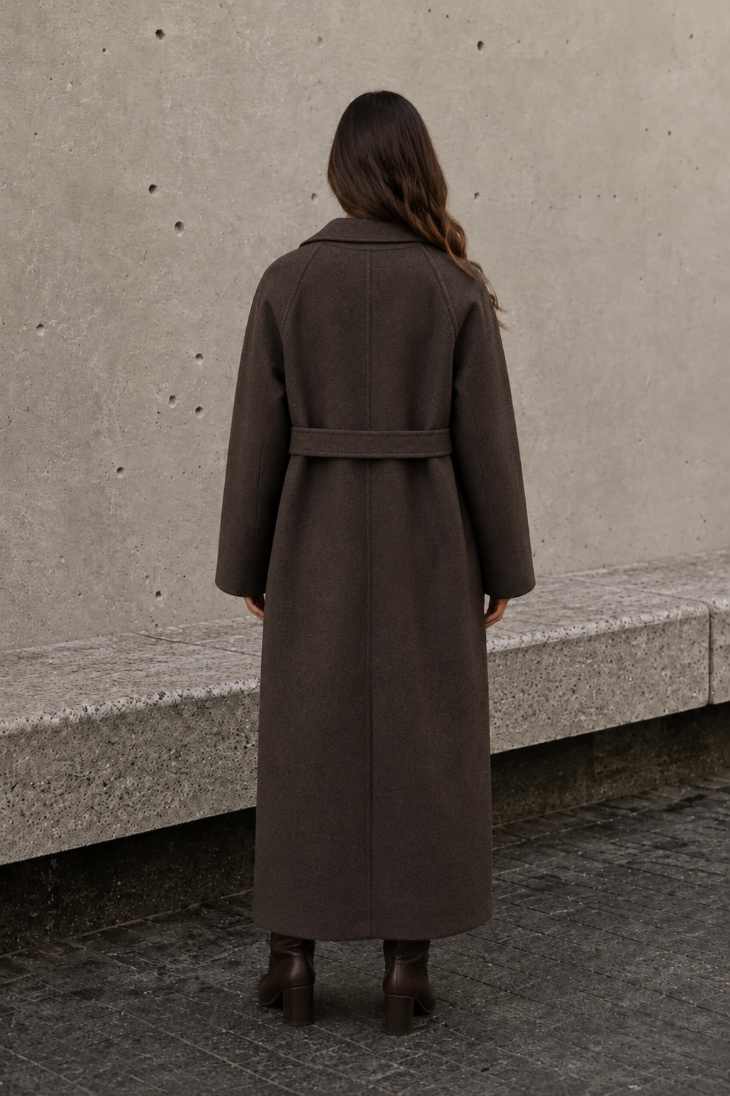 Henley belted long coat for women with notch lapels, tie waist and long relaxed fit - view 6