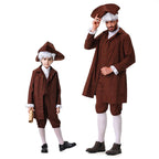 Boy wearing a brown colonial Halloween costume with long coat, vest, knee breeches and tricorn hat