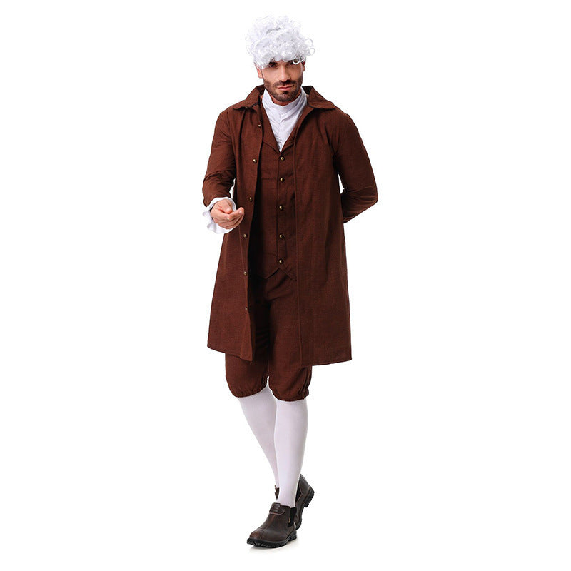 Boy wearing a brown colonial Halloween costume with long coat, vest, knee breeches and tricorn hat - view 2