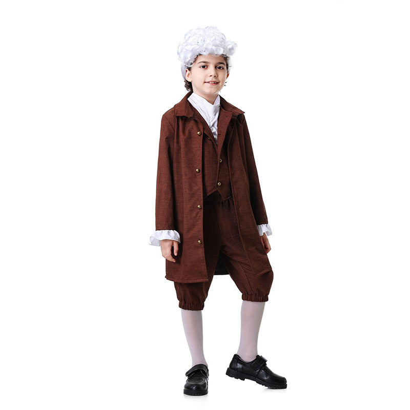Boy wearing a brown colonial Halloween costume with long coat, vest, knee breeches and tricorn hat - view 3