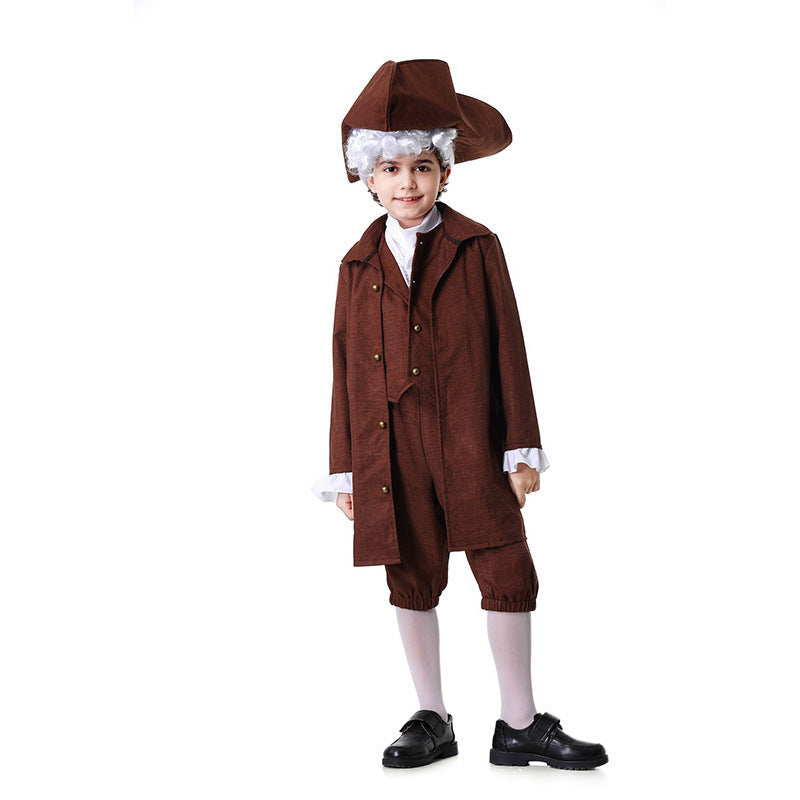 Boy wearing a brown colonial Halloween costume with long coat, vest, knee breeches and tricorn hat - view 4