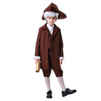 Boy wearing a brown colonial Halloween costume with long coat, vest, knee breeches and tricorn hat - view 7