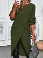 Woman wearing a gray ribbed wrap front long sleeve sweater dress with split high-low hem over black leggings - view 5