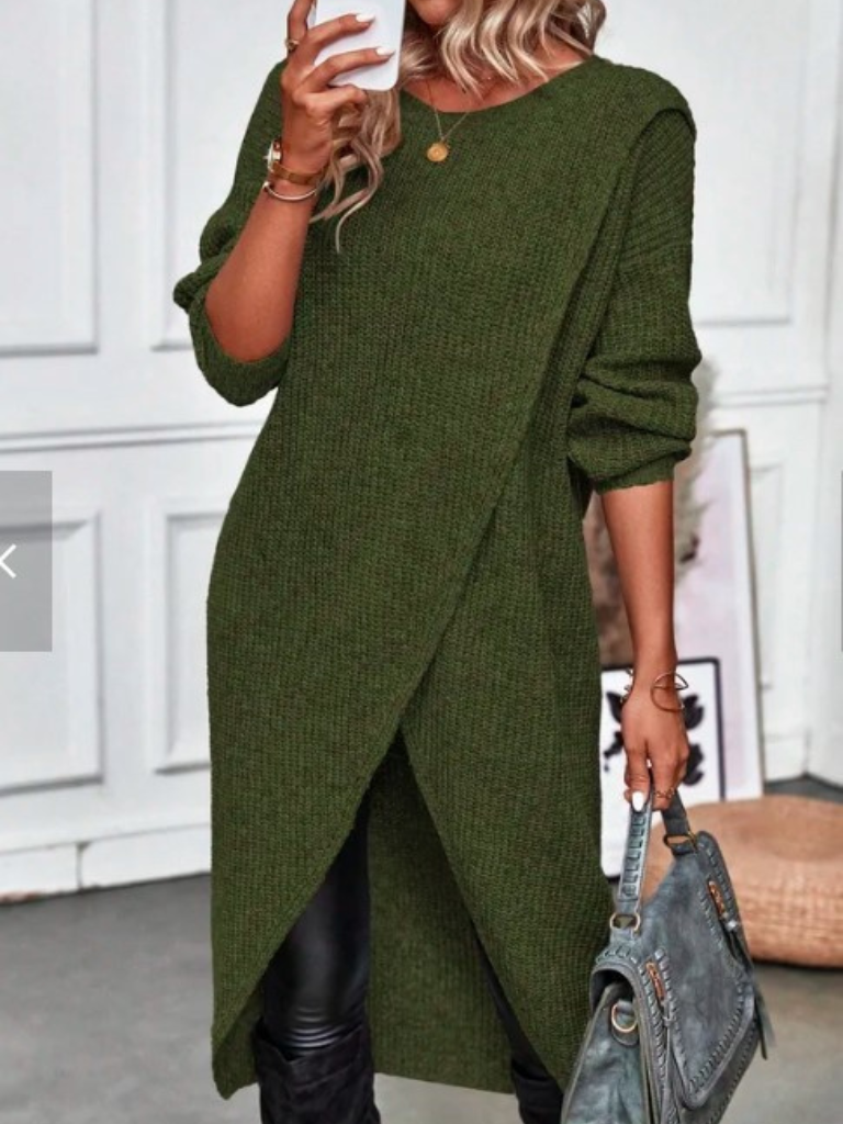 Woman wearing a gray ribbed wrap front long sleeve sweater dress with split high-low hem over black leggings - view 5