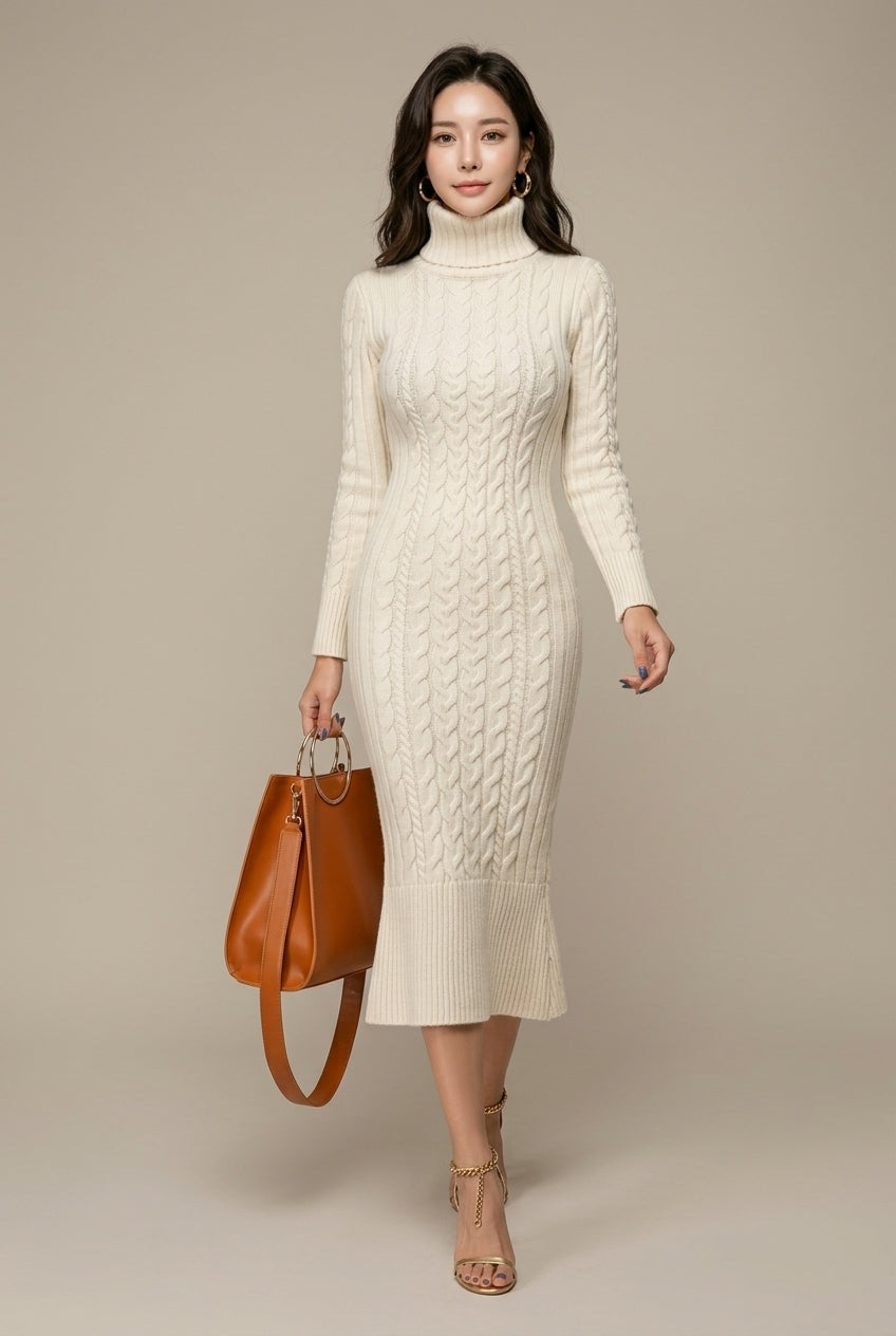 Emmeline cable knit turtleneck midi dress - front view
