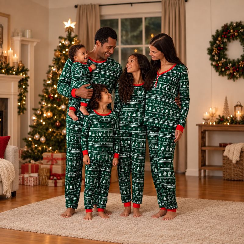 Family wearing green Christmas tree print pajamas with red trim