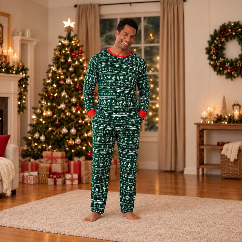 Family wearing green Christmas tree print pajamas with red trim - view 2