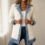 Longline cream ribbed cardigan with denim lapels and hem