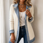 Longline cream ribbed cardigan with denim lapels and hem - view 2