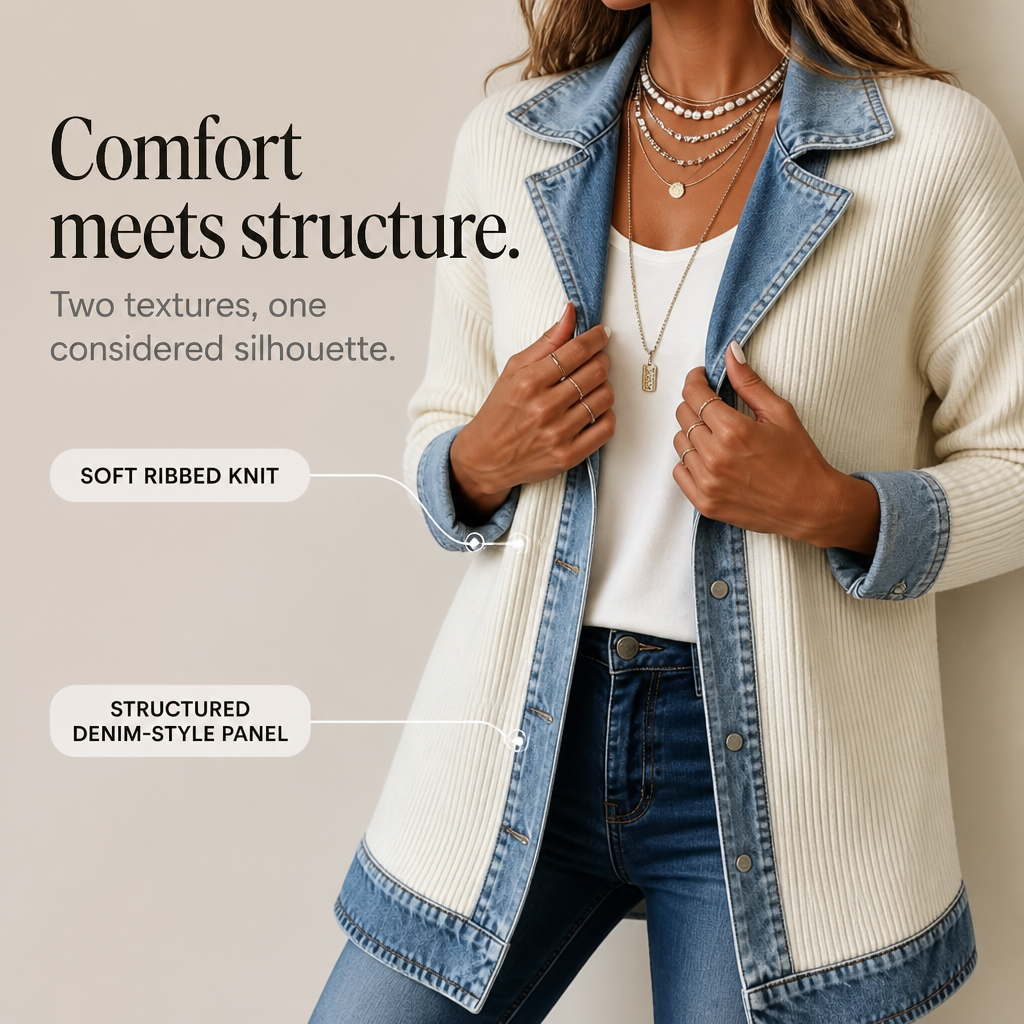 Longline cream ribbed cardigan with denim lapels and hem - view 5