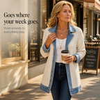 Longline cream ribbed cardigan with denim lapels and hem - view 6