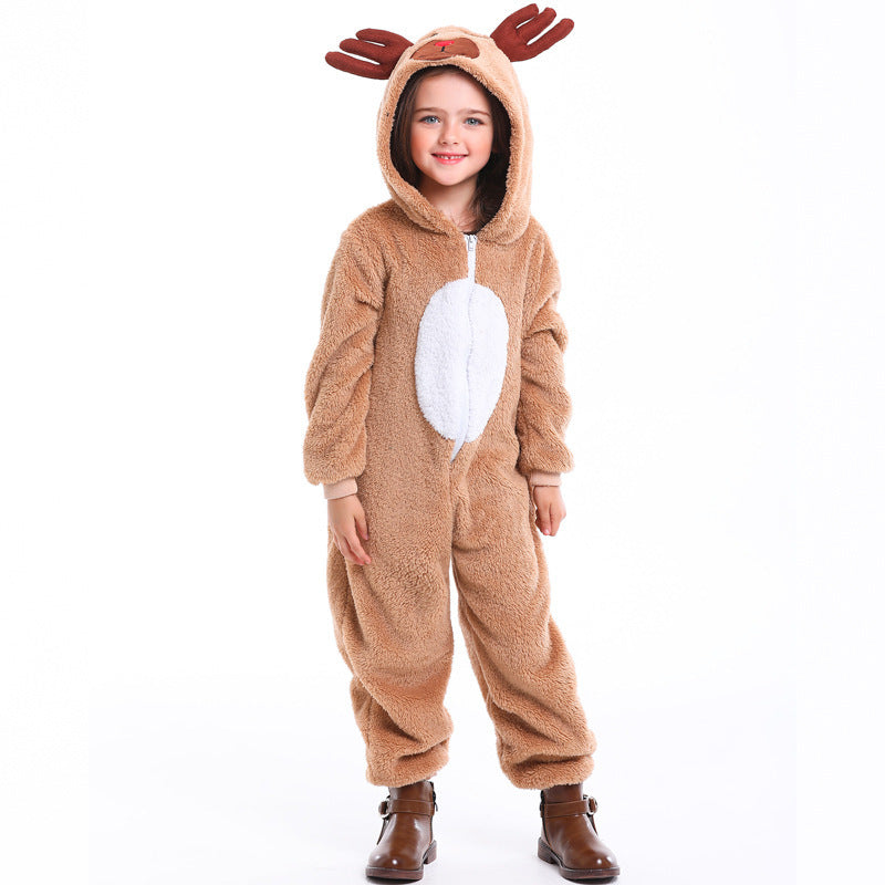 Child wearing a plush brown reindeer onesie with antler hood and white belly panel
