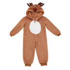 Child wearing a plush brown reindeer onesie with antler hood and white belly panel - view 10