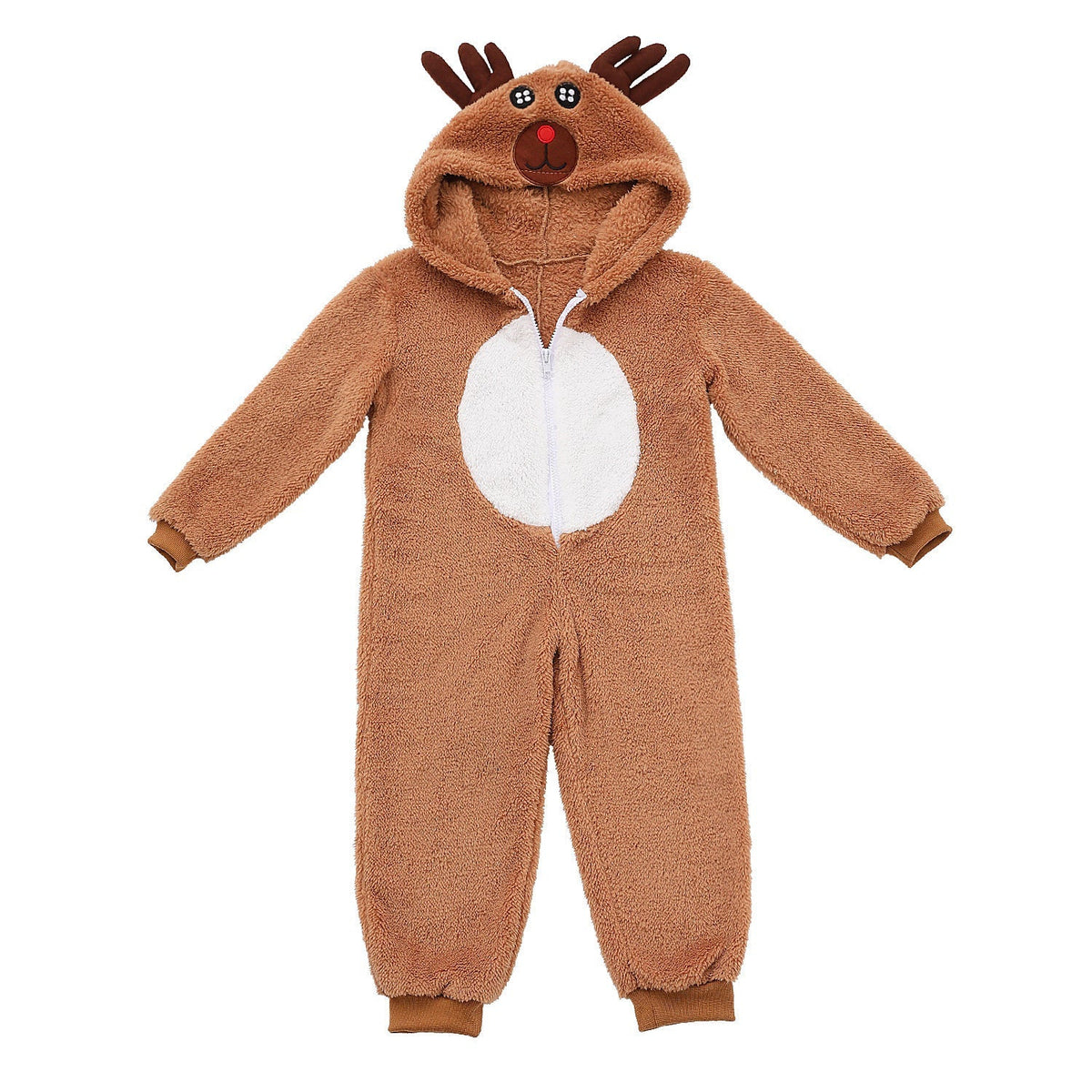 Child wearing a plush brown reindeer onesie with antler hood and white belly panel - view 10