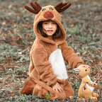 Child wearing a plush brown reindeer onesie with antler hood and white belly panel - view 2