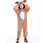 Child wearing a plush brown reindeer onesie with antler hood and white belly panel - view 3