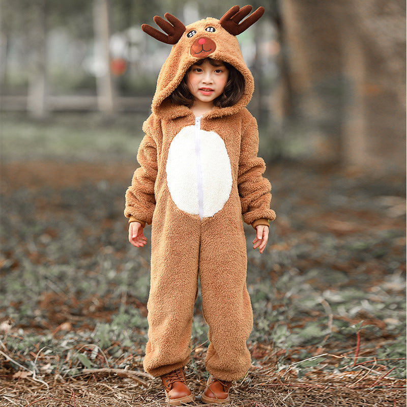 Child wearing a plush brown reindeer onesie with antler hood and white belly panel - view 4