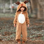 Child wearing a plush brown reindeer onesie with antler hood and white belly panel - view 4