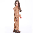 Child wearing a plush brown reindeer onesie with antler hood and white belly panel - view 5