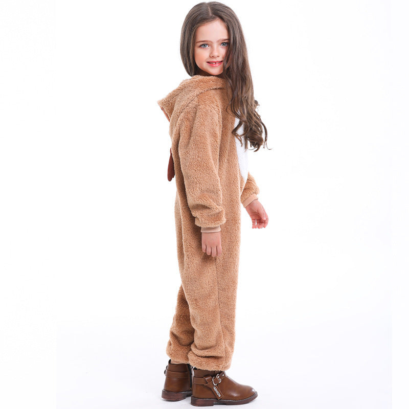 Child wearing a plush brown reindeer onesie with antler hood and white belly panel - view 5