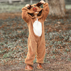 Child wearing a plush brown reindeer onesie with antler hood and white belly panel - view 6