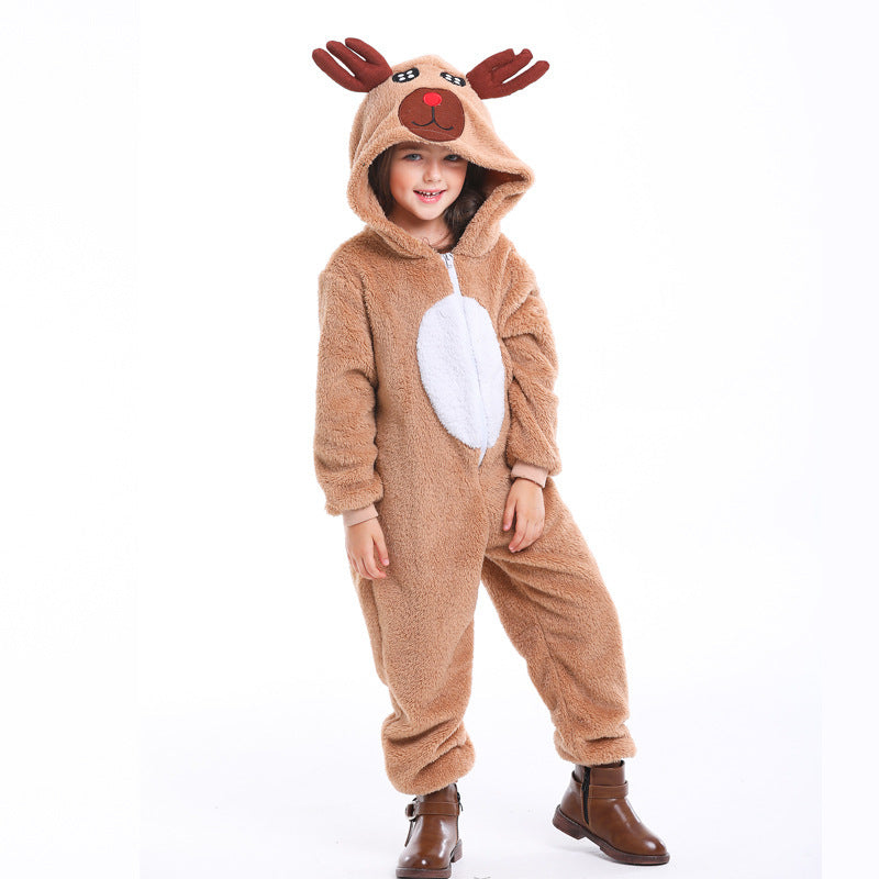 Child wearing a plush brown reindeer onesie with antler hood and white belly panel - view 7