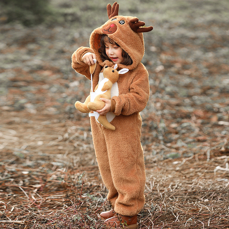 Child wearing a plush brown reindeer onesie with antler hood and white belly panel - view 8