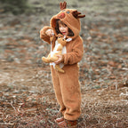 Child wearing a plush brown reindeer onesie with antler hood and white belly panel - view 8