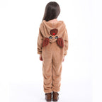 Child wearing a plush brown reindeer onesie with antler hood and white belly panel - view 9