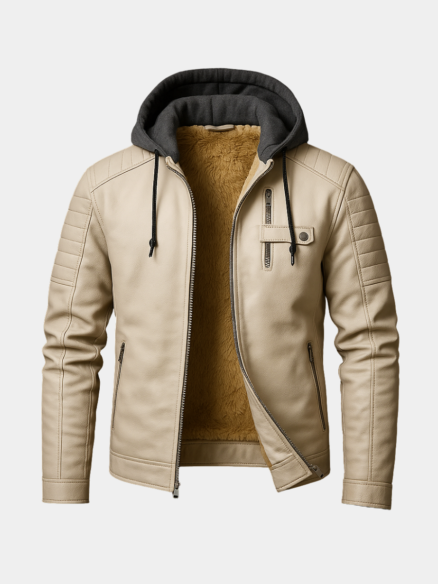 Plush-lined men's hooded winter coat in leather-look faux leather