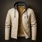 Plush-lined men's hooded winter coat in leather-look faux leather - view 2