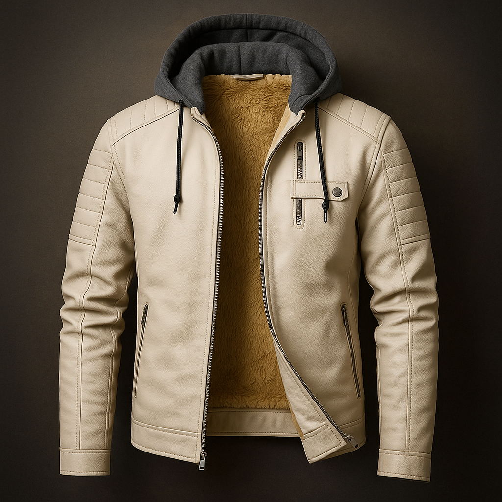 Plush-lined men's hooded winter coat in leather-look faux leather - view 2