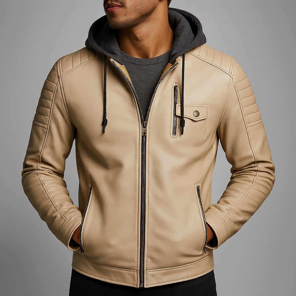 Plush-lined men's hooded winter coat in leather-look faux leather - view 6
