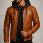 Plush-lined men's hooded winter coat in leather-look faux leather - view 7