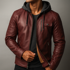 Plush-lined men's hooded winter coat in leather-look faux leather - view 8