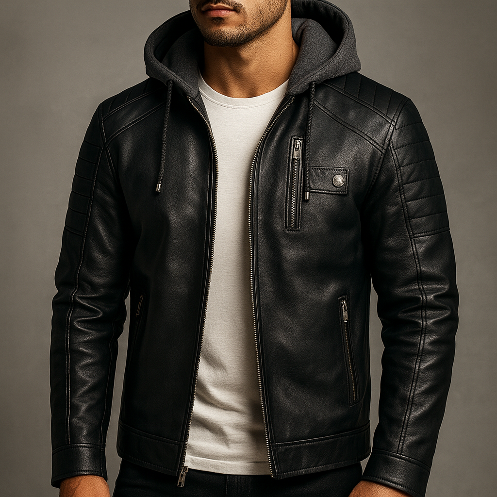 Plush-lined men's hooded winter coat in leather-look faux leather - view 9